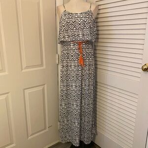 Teeze Me Gray and White Patterned Maxi Dress with Orange Tie Belt- Size Medium